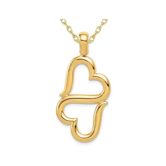 14K Yellow Gold Double Heart Charm Pendant Necklace with Chain